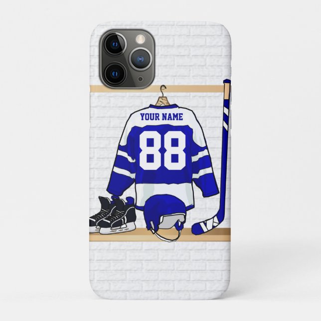 Capa Para iPhone 11 Pro Jérsei azul e branco personalizado do hóquei em (Verso)