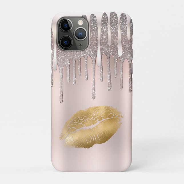 Capa Para iPhone 11 Pro Lábios Dourados Rosa Gelado Brilho de Diamante Pur (Verso)