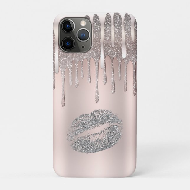Capa Para iPhone 11 Pro Lábios Prateados Rosa Gelo Brilho de Diamante Faís (Verso)