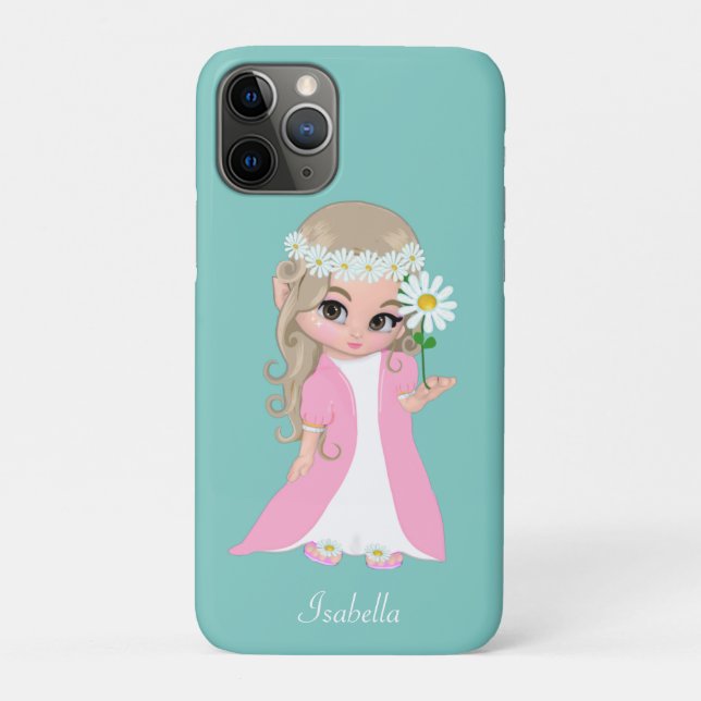 Capa Para iPhone 11 Pro Linda Princesa Segurando uma Flor em Azul Turquesa (Verso)