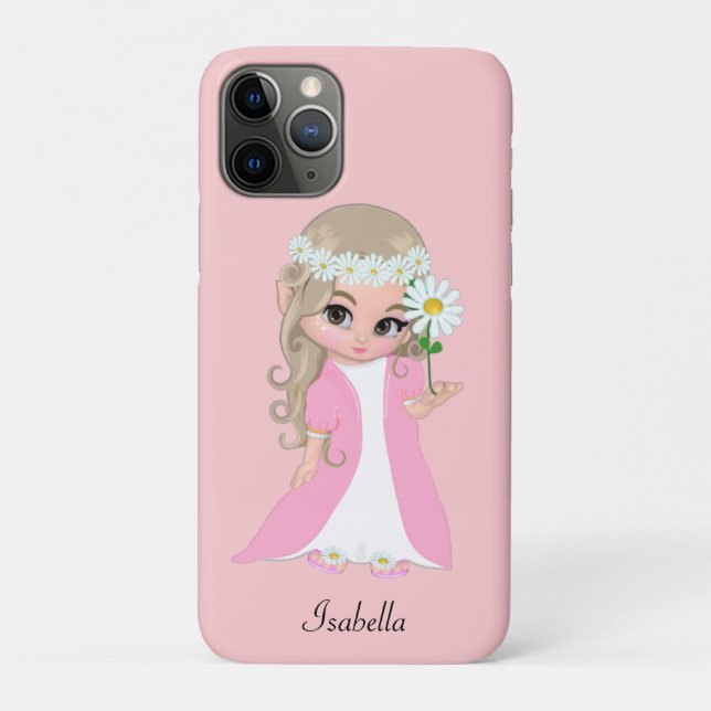 Capa Para iPhone 11 Pro Linda Princesa Segurando uma Flor em Rosa Claro (Verso)