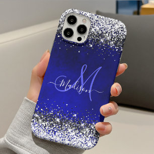 Capa Para iPhone 11 Pro Lindo monograma de brilho falso azul real prata