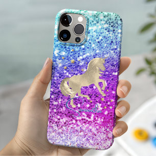 Capa Para iPhone 11 Pro Lindo unicórnio rosa Brilho arco-íris monograma do