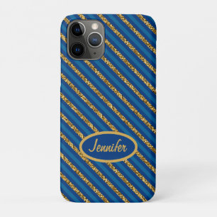 Capa Para iPhone 11 Pro Listras Azuis e Douradas Modernas Nome Personaliza