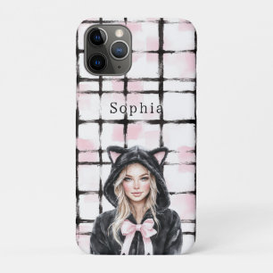 Capa Para iPhone 11 Pro Listras de Xadrez Preto Rosa Branco Gatinho Gata L