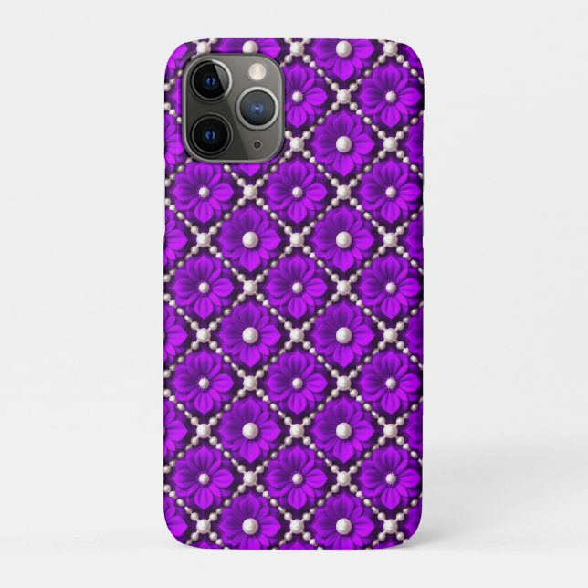 Capa Para iPhone 11 Pro Luxo Floral Roxo Real ✨ Luxo Pérola com Contas (Verso)