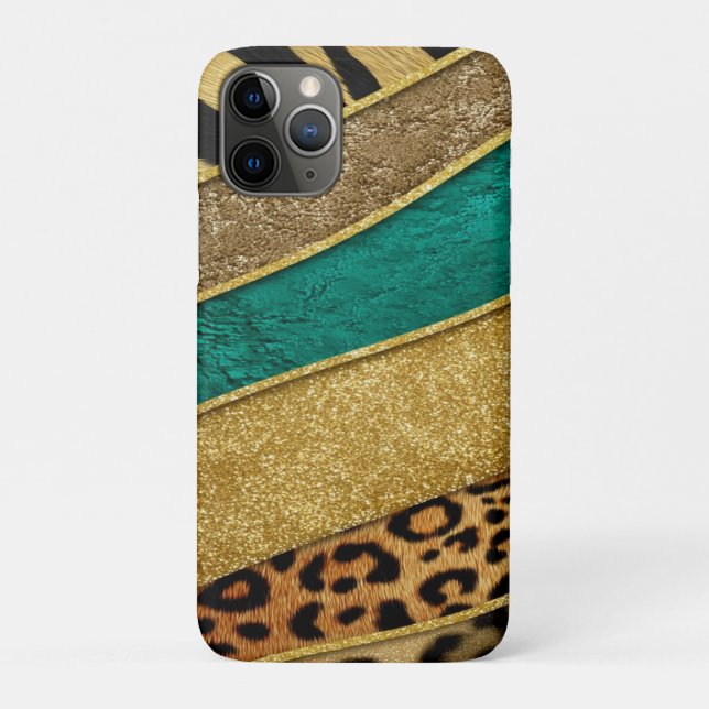 Capa Para iPhone 11 Pro Luxury Emerald & Gold Safari Leopard Zebra Glitter (Verso)