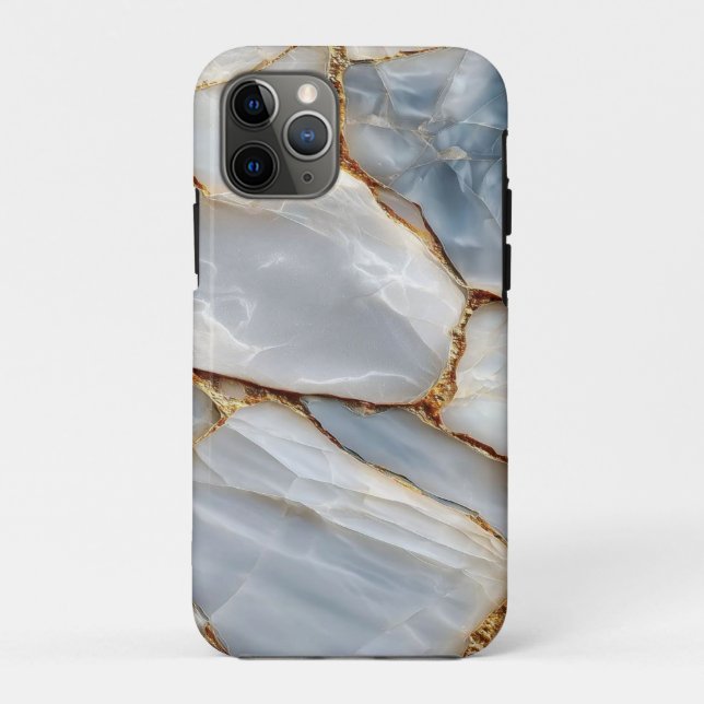 Capa Para iPhone 11 Pro Luxury White Blue Marble & Gold Veins Agate Stone  (Verso)
