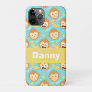 Capa Para iPhone 11 Pro Macaco Fofo e Feliz, Padrão de Bananas e Estrelas