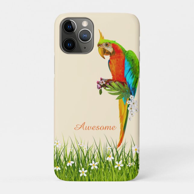 Capa Para iPhone 11 Pro Macaw tropical e flores brancas em bege claro (Verso)