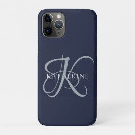 Capa Para iPhone 11 Pro Marinho de Script Monograma Elegante Moderno Azul