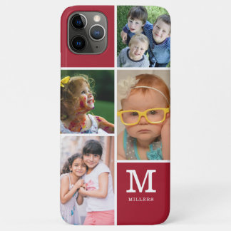 Capa Para iPhone 11 Pro Max 4 Foto Colagem Nome Família Monograma Vermelho