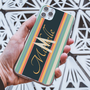 Capa Para iPhone 11 Pro Max 70 anos colorido Stripe monograma inicial