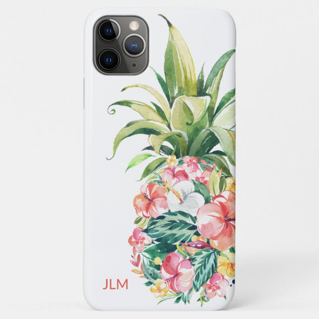Capa Para iPhone 11 Pro Max Abacaxi Floral de Aquarela Tropical com Iniciais (Verso)
