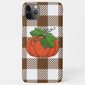 Capa Para iPhone 11 Pro Max Abóbora Laranja em Padrão Xadrez Branco Marrom