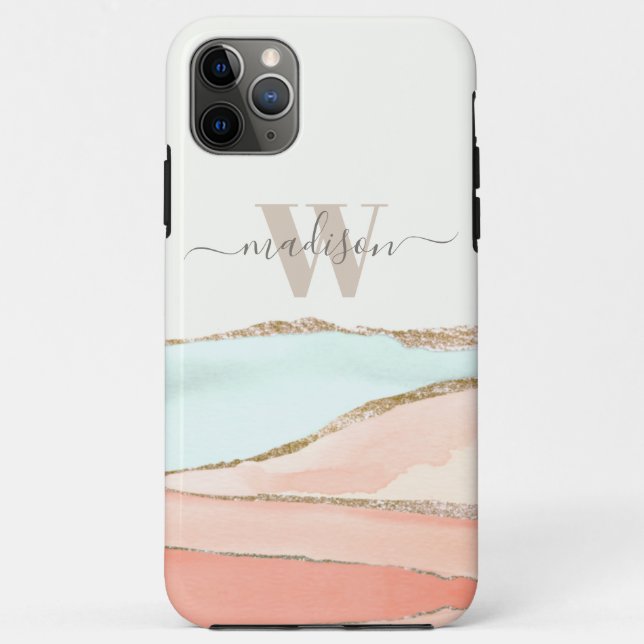 Capa Para iPhone 11 Pro Max Abstrato de Aquarela Costeira com Nome e Monograma (Verso)