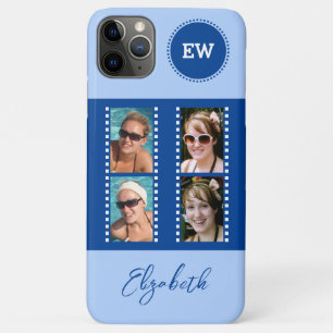 Capa Para iPhone 11 Pro Max Adicionar 4 iniciais de fotos e nome azul e branco