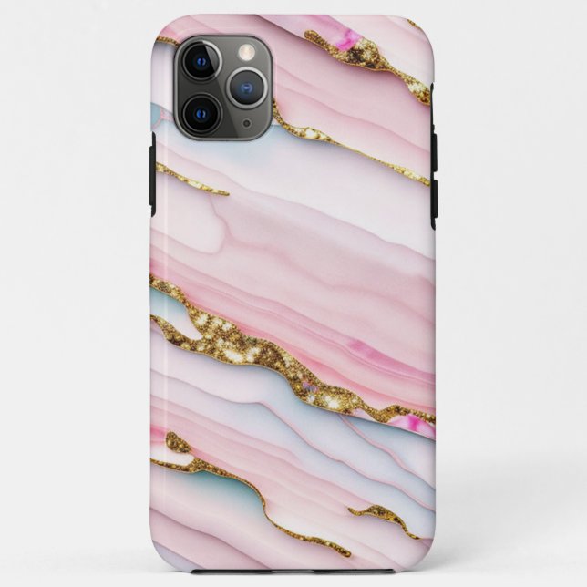 Capa Para iPhone 11 Pro Max Agate Marble Trendy Blue Coleção Dourada Rosa (Verso)