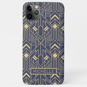 Capa Para iPhone 11 Pro Max Art Deco Azul Nome Geométrico Personalizado Doura