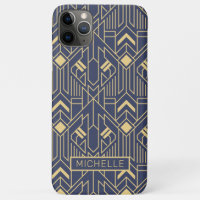 Art Deco Azul Nome Geométrico Personalizado Dourad
