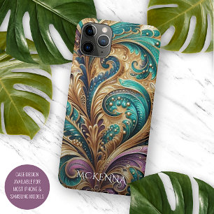 Capa Para iPhone 11 Pro Max Arte de Paisley Púrpura Verde Dourado Personalizad