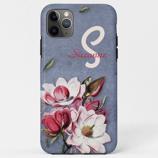 Capa Para iPhone 11 Pro Max Azul Denim Floral Monograma (Verso)