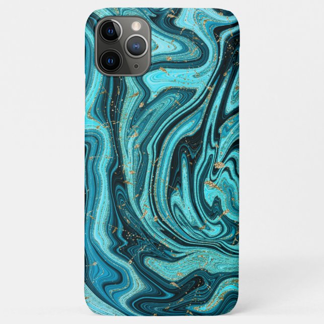 Capa Para iPhone 11 Pro Max Azul Turquesa e Dourado Chic Redemoinho Moderno Ab (Verso)