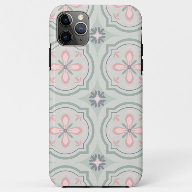 Capa Para iPhone 11 Pro Max Azulejos Florais Verde Pastel (Verso)