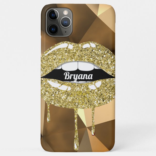 Capa Para iPhone 11 Pro Max Beleza Luxo Dourado Brilho Gotejamento Lábios (Verso)