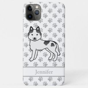 Capa Para iPhone 11 Pro Max Black Piebald Siberian Husky Cartoon Dog & Name