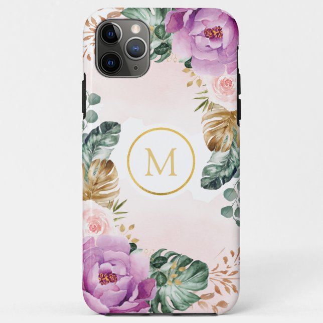 Capa Para iPhone 11 Pro Max Boho Verde Tropical Blush Monograma Floral (Verso)