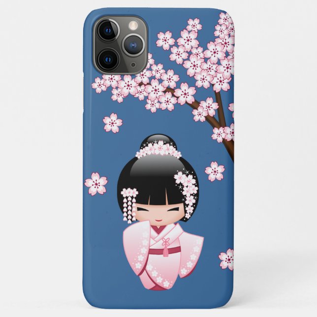 Capa Para iPhone 11 Pro Max Boneca Kokeshi Kawaii Quimono Rosa no Azul (Verso)