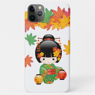 Capa Para iPhone 11 Pro Max Boneca Kokeshi verde Kimono Geisha