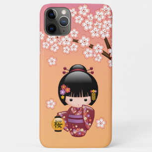 Capa Para iPhone 11 Pro Max Boneca Sakura Kokeshi - Garota Geisha em Pêssego