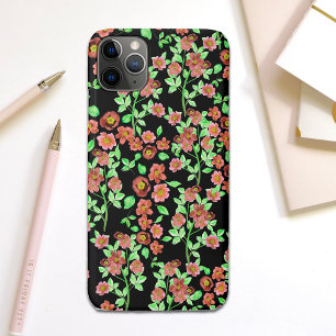 Capa Para iPhone 11 Pro Max Bonito Jardim Flores Vermelho Coral Verde em Preto