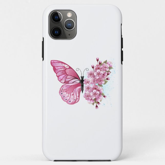 Capa Para iPhone 11 Pro Max Borboleta Flor com Sakura Rosa (Verso)