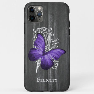 Capa Para iPhone 11 Pro Max Borboleta Rústica Roxa Personalizada