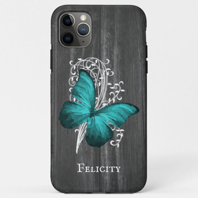 Capa Para iPhone 11 Pro Max Borboleta Rústica Teal Personalizada (Verso)