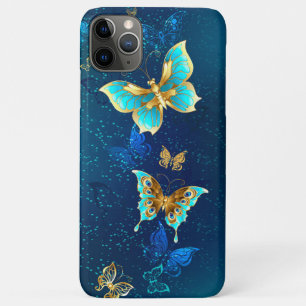Capa Para iPhone 11 Pro Max Borboletas de ouro em um fundo azul