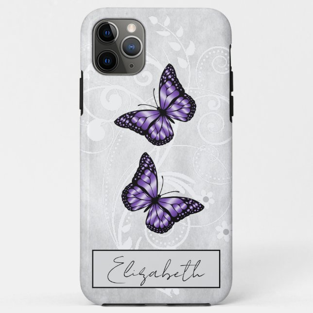 Capa Para iPhone 11 Pro Max Borboletas Roxas Brilhantes (Verso)