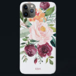 Capa Para iPhone 11 Pro Max Botânica Rustic Watercolor com Monograma<br><div class="desc">Lindamente feminina com charme rústico, esta design botânica apresenta um buquê de rosas de aquarela, flores misturadas e verde em um esquema de cores de tendências de burgundy, rosa e laranja-russet com verde-à-direita. Um modelo de texto é incluído para personalizar este design com as iniciais, o nome ou outro texto...</div>