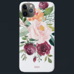 Capa Para iPhone 11 Pro Max Botânica Rustic Watercolor com Monograma<br><div class="desc">Lindamente feminina com charme rústico, esta design botânica apresenta um buquê de rosas de aquarela, flores misturadas e verde em um esquema de cores de tendências de burgundy, rosa e laranja-russet com verde-à-direita. Um modelo de texto é incluído para personalizar este design com as iniciais, o nome ou outro texto...</div>