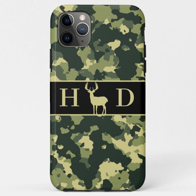 Capa Para iPhone 11 Pro Max Buck Deer Hunting Green Camo Monograma (Verso)