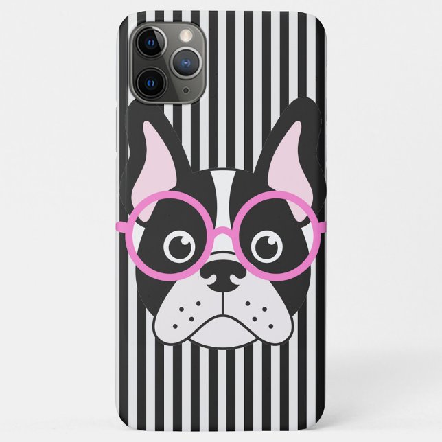 Capa Para iPhone 11 Pro Max Caso iPhone / iPad da Bull Dog em França (A phone case with a cartoon dog wearing glasses, the dog is black and white with pink ears.)