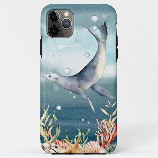Capa Para iPhone 11 Pro Max Cena Submarina Legal Aquática de Leão do Mar (Verso)