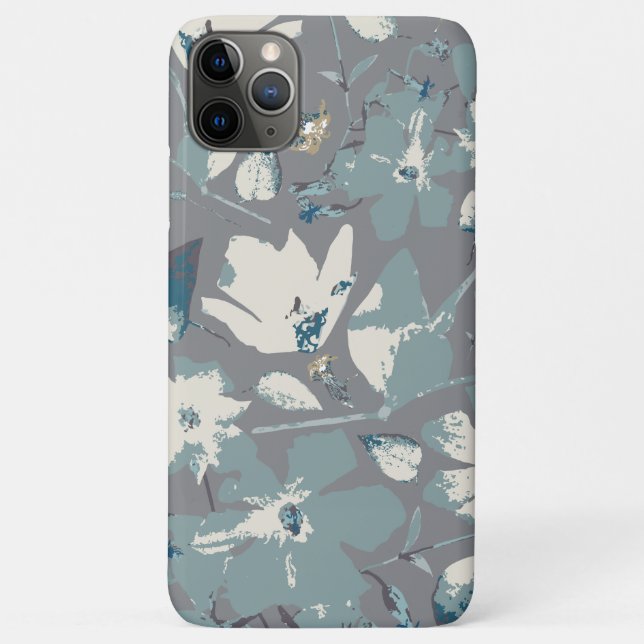 Capa Para iPhone 11 Pro Max Cinza Flor Impressão Azul Creme Floral (Verso)