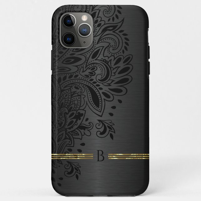 Capa Para iPhone 11 Pro Max Cinza metálica de paisley preto mandala (Verso)
