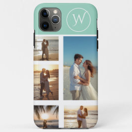 Capa Para iPhone 11 Pro Max Colagem de 5 Fotos com Monograma em Azul Turquesa