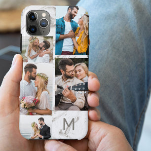 Capa Para iPhone 11 Pro Max Colagem de 5 Fotos em Mármore Cinza Monogramado