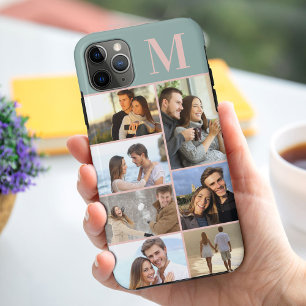 Capa Para iPhone 11 Pro Max Colagem de 7 Fotos Monogramada em Verde